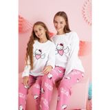 Siyah İnci Hello Kitty Lisanslı Polar Beyaz Çok Renkli Nakışlı Bisklet Yaka Pijama Takım HK319