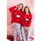 Siyah İnci Hello Kitty Lisanslı Polar Kırmızı Çok Renkli Nakışlı Bisklet Yaka Pijama Takım HK310