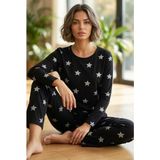 Siyah İnci Kadın Siyah Beyaz Yıldız Desenli Pamuklu Pijama Takımı Rahat ve Şık Tasarım - XL