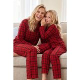 Siyah İnci Kırmızı Ekose Desenli Termal Kumaşlı Ultra Soft Yumuşak Düğmeli Örme Pijama Takımı