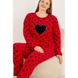 Siyah İnci kırmızı kalp desenli Nakışlı Büyük Beden Polar Kışlık Örme Pijama Takım