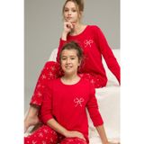 Siyah İnci kırmızı kurdele desenli Pamuklu Bisiklet Yaka Örme Pijama Takım25241155