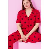 Siyah İnci kırmızı siyah kalp baskılı Büyük Beden Battal Boy Düğmeli Örme Pijama Takım