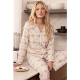 Siyah İnci Krem Ekose Desenli Termal Kumaşlı Ultra Soft Yumuşak Düğmeli Örme Pijama Takımı