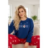Siyah İnci lacivert desenli kar temalı Nakışlı Büyük Beden Polar Kışlık Örme Pijama Takım