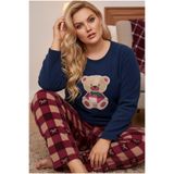 Siyah İnci lacivert ekose desenli Nakışlı Büyük Beden Polar Kışlık Örme Pijama Takım