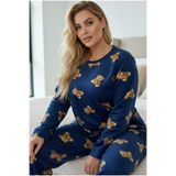 Siyah İnci mavi ayıcık desenli Büyük Beden Polar Kışlık Örme Pijama Takım