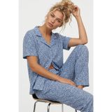 Siyah İnci mavi Leopar Baskılı Düğmeli Örme Pijama Takım 8015