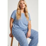Siyah İnci mavi leopar desenli Büyük Beden Battal Örme Pijama Takım 7614