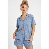 Siyah İnci mavi leopar desenli Gömlek Yaka Düğmeli Örme Şortlu Pijama Takım 8055