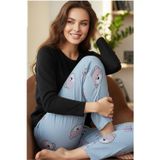 Siyah İnci mavi pembe ayıcık desenli Pamuklu Örme Pijama Takım 7975