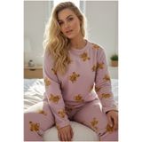 Siyah İnci pembe ayıcık desenli Büyük Beden Polar Kışlık Örme Pijama Takım
