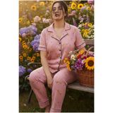 Siyah İnci pembe desenli Bürümcük-Krınkıl Büyük Beden Battal Düğmeli Biyeli Pijama Takım 26120825