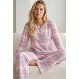 Siyah İnci pembe ekose desenli Düğmeli Pamuklu Likralı Örme Pijama Takım26240358