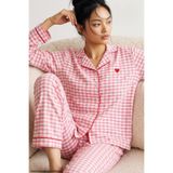 Siyah İnci Pembe Ekose Desenli Nakışlı Yumuşak Tuşe Kışlık Düğmeli Örme Pijama Takımı 8080