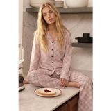 Siyah İnci Pembe Ekose Desenli Termal Kumaşlı Ultra Soft Yumuşak Düğmeli Örme Pijama Takımı