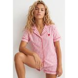 Siyah İnci pembe ekose kareli Nakışlı Düğmeli Biyeli İnce Soft Örme Şortlu Pijama Takımı 8022