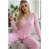 Siyah İnci pembe pötikare ekose desenli Bürümcük-Krınkıl Uzun Kollu Düğmeli Örme Pijama Takım 7990