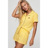 Siyah İnci Sarı Ekose Kareli Nakışlı Düğmeli Biyeli Ince Soft Örme Şortlu Pijama Takımı 8022 - XL