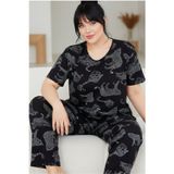 Siyah İnci siyah beyaz kaplan leopar baskılı Büyük Beden Battal Boy bisiklet yaka Örme Pijama Takım