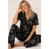 Siyah İnci siyah beyaz kaplan leopar baskılı Gömlek Yaka Düğmeli Örme Pijama Takım
