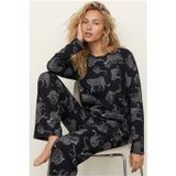 Siyah İnci Siyah Leopar Baskılı Örme Pijama Takım 7613