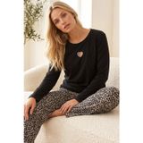 Siyah İnci siyah leopar desenli Nakışlı Pamuklu Likralı Örme Pijama Takım26240298