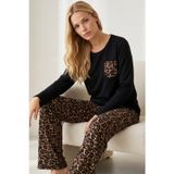 Siyah İnci siyah leopar desenli Nakışlı Pamuklu Likralı Örme Pijama Takım26240327