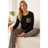 Siyah İnci siyah leopar desenli Pamuklu Likralı Örme Pijama Takım26240303