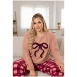 Siyah İnci somon fiyonk Nakışlı Desenli Büyük Beden Polar Kışlık Örme Pijama Takım