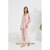 Siyah İnci Somon Puan Desenli Pamuklu Düğmeli Pijama Takımı