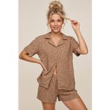 Siyah İnci vizon leopar desenli Gömlek Yaka Düğmeli Örme Şortlu Pijama Takım 8055
