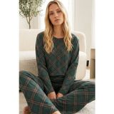 Siyah İnci yeşil ekose desenli Düğmeli Pamuklu Likralı Örme Pijama Takım26240354