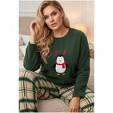 Siyah İnci yeşil ekose desenli Nakışlı Büyük Beden Polar Kışlık Örme Pijama Takım