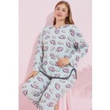 Siyah İnci yeşil pembe yastık desenli Biyeli Curve Büyük Beden Battal Boy Örme Pijama Takım 7779