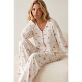 Siyah İnci Yumuşak Tuşe Kışlık Fitilli Pamuklu Örme Düğmeli Hırka Pijama Takım 8073 - Ekru - Leopar - 2XL