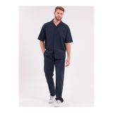 Siyah İz Erkek Lacivert Keten Takım Oversize Gömlek & Pantolon 2’li Set Bağcıklı Rahat Yazlık Kombin