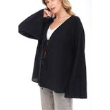 Siyah İz Kadın Keten Kimono – Oversize Rahat Kalıp Yazlık Uzun Kollu Kimono