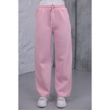 Siyah İz Kadın Pembe Baggy Keten Pantolon Lastikli Bel Bağcıklı Rahat Geniş Paça Yazlık Pantolon