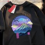 Siyah Japon Harajuku Sakura Fuji Dağı Tee Elbise Yaz Hip Hop Tshirt Crewneck gr