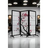 Siyah Japon Sakura Ağacı Tekerlekli Ahşap Paravan Seperatör Oda Bölme - 210X180