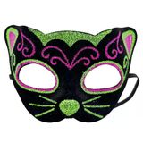 Siyah Kadife Kaplama Üzeri Pembe Yeşil Sim İşlemeli Kedi Maskesi 20X13 Cm Bx40
