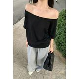 Siyah Kadın Düşük Omuz Kayık Yaka Oversize T-Shirt - L - XL