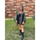Siyah Kadın Oversize Şardonlu Suni Deri Ceket - 4XL - Relax Fit