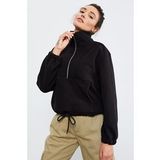 Siyah Kadın Yarım Fermuar Etek Ucu Büzgülü Oversize Polar Sweatshirt - 97171