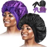 Siyah Kadınlar Için 2 Adet Saten Bonnet, Saten Saç Kravat Bonnet, Kıvırcık Saç İpeksi Bonnet, Baş Eşarp Wrap Saç Bonnet Kravat Bandı Ile