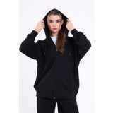 Siyah Kanguru Cepli Kapüşonlu Fermuarlı Oversize Kadın Sweatshirt MTLCB73