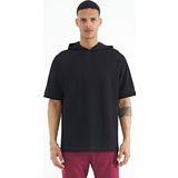 Siyah Kapüşonlu Kol Etiket Detaylı Oversize Erkek T-shirt - 88179