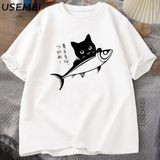 Siyah Kedi T-Shirt Komik Japon Balık Tshirt Kawaii Kedi Sevgilisi T Shirt Kadın Erkek Grafik 2944 - Beyaz - XL