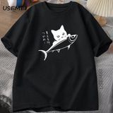 Siyah Kedi T-Shirt Komik Japon Balık Tshirt Kawaii Kedi Sevgilisi T Shirt Kadın Erkek Grafik 2944 - XL